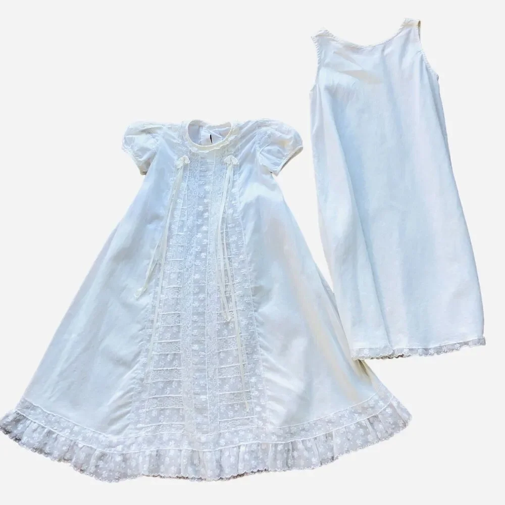 VTG Baby Christening 2 Piece -Gown And Slip Handmade Cotton Lace Baptismal Gown